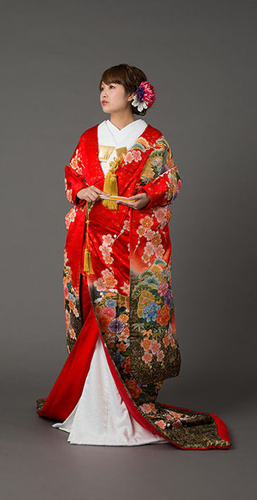 色打掛 総刺繍 花嫁衣装 朱赤 金錦糸・花の豪華刺繍と白鶴・彩鶴 